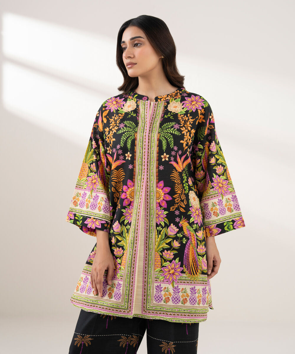 Women's RTW Light Khaddar Printed Straight Black Shirt