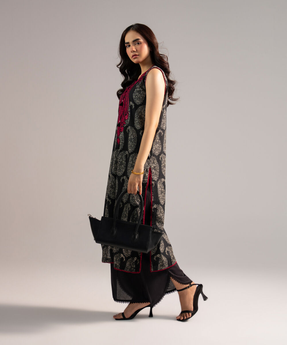 Women's RTW Lawn Embroidered Black Straight Shirt
