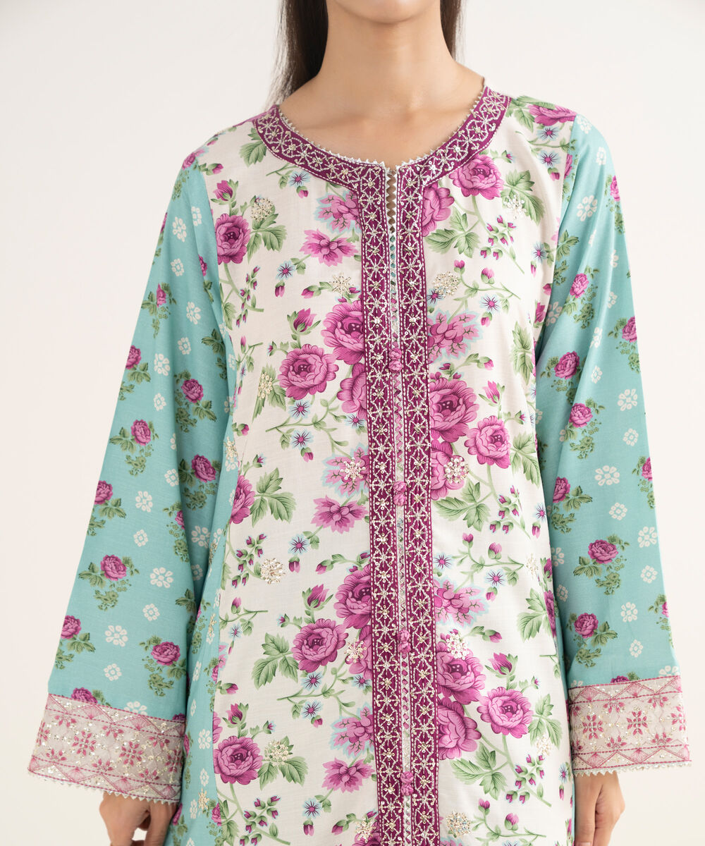 Women's RTW Cotton Viscose Embroidered White 3 Piece Suit