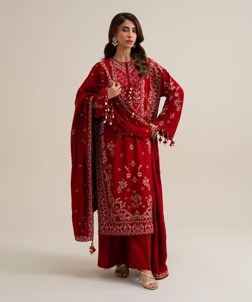 Womens Unstitched Marina Embroidered Red 3 Piece Suit