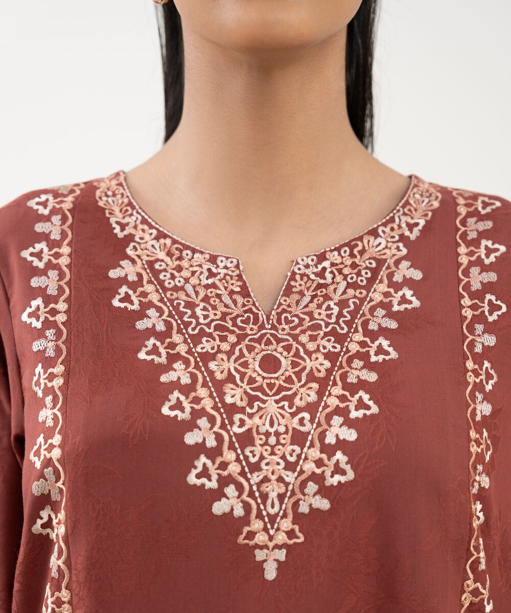 Women's RTW Cotton Jacquard Embroidered Red A-Line Shirt