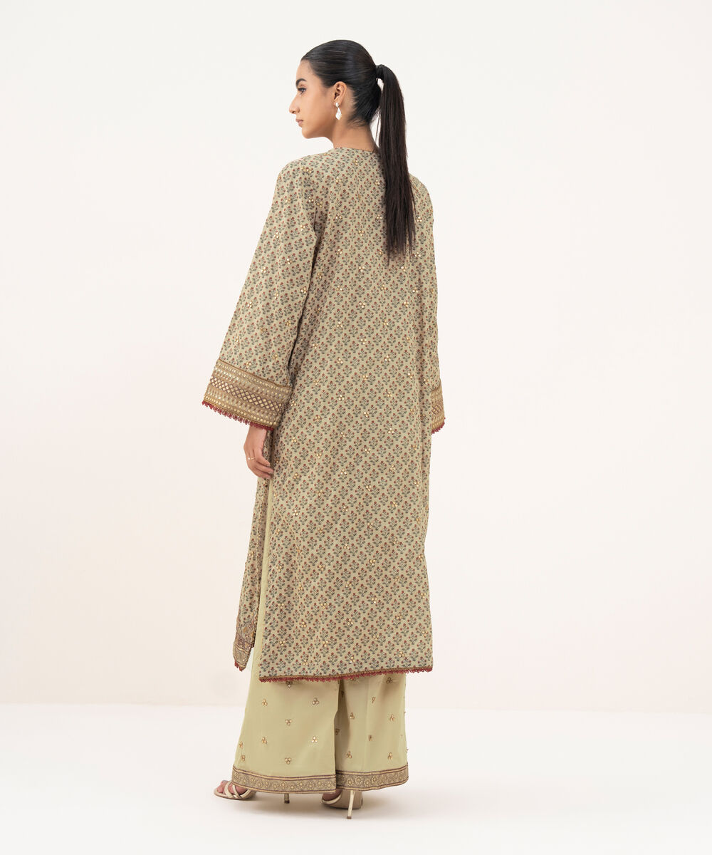 Women's RTW Textured Lawn Beige Embroidered A-Line Shirt