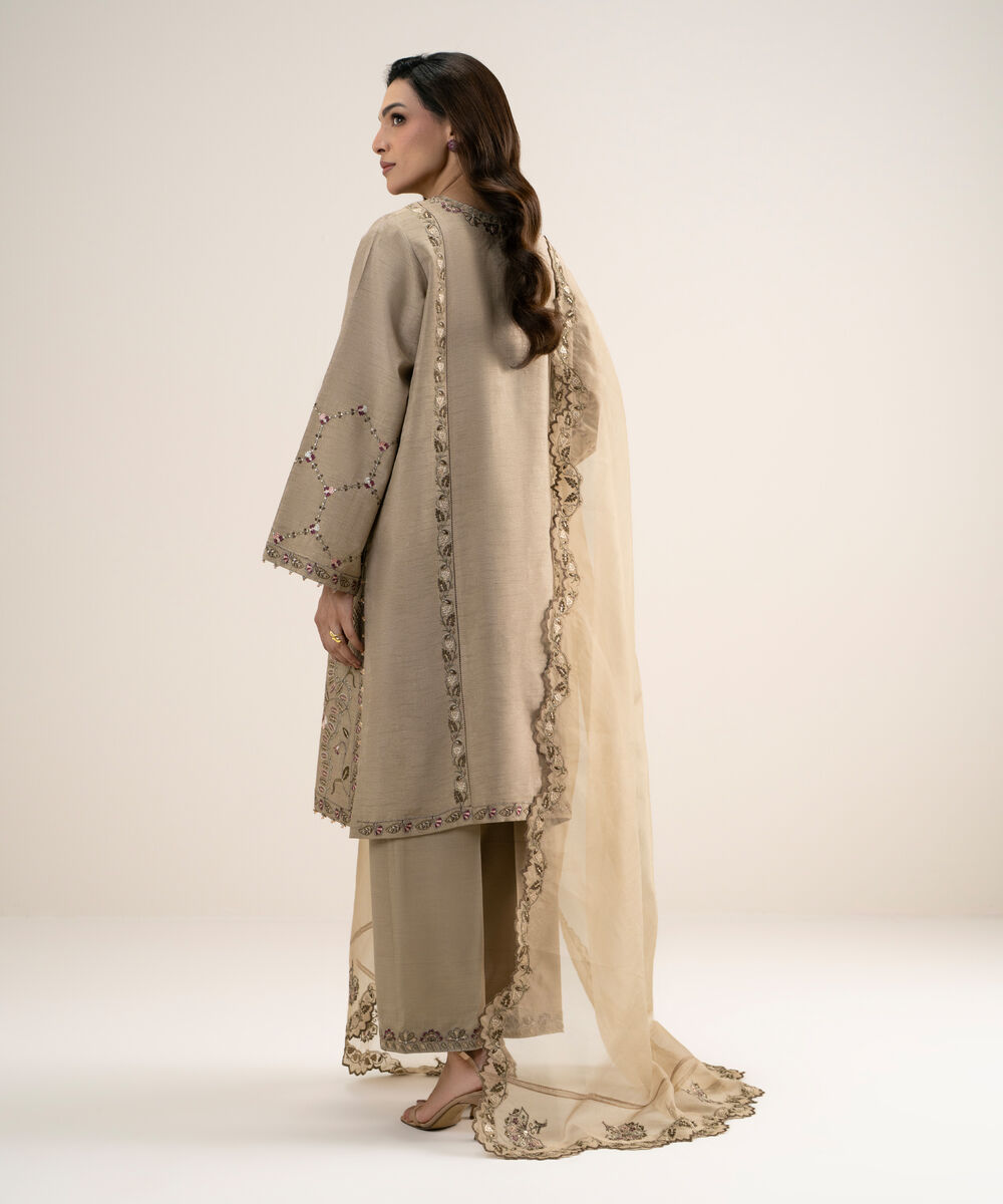 Women's Unstitched Embroidered Viscose Raw Silk Beige 3 Piece Suit