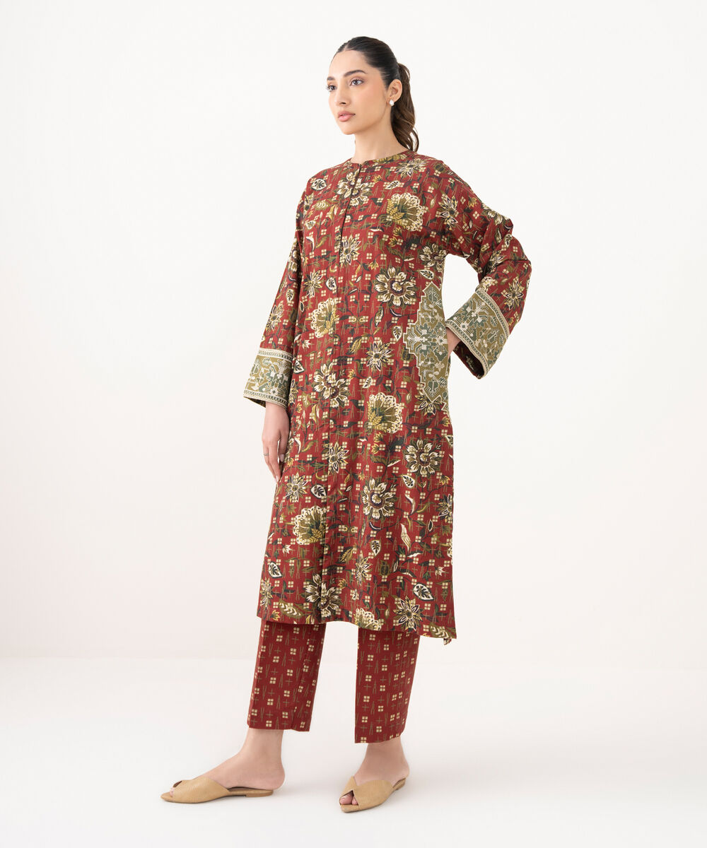 Women's RTW Light Khaddar Embroidered Maroon A-Line Shirt