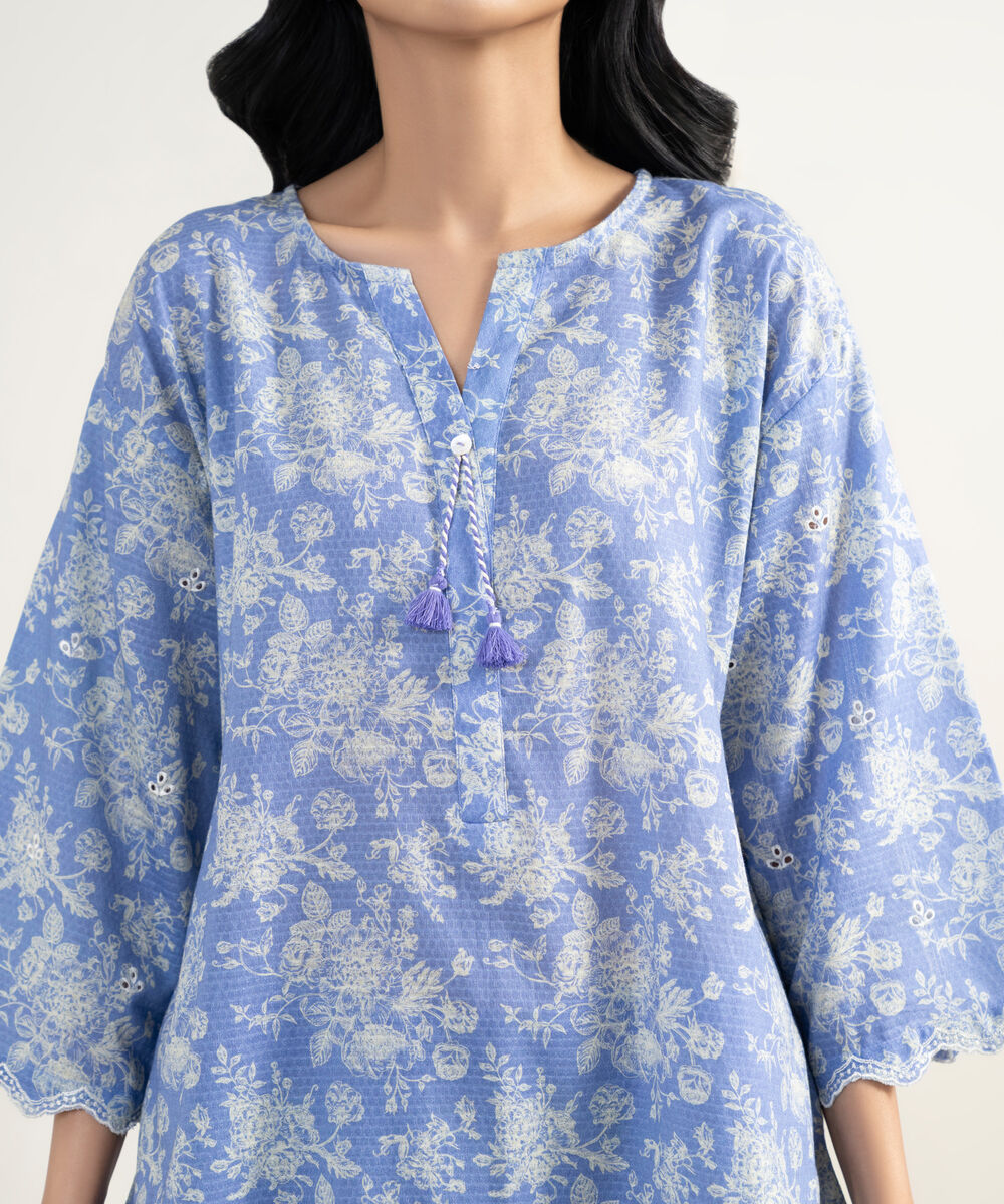 Women's RTW Dobby Embroidered Blue Straight Shirt