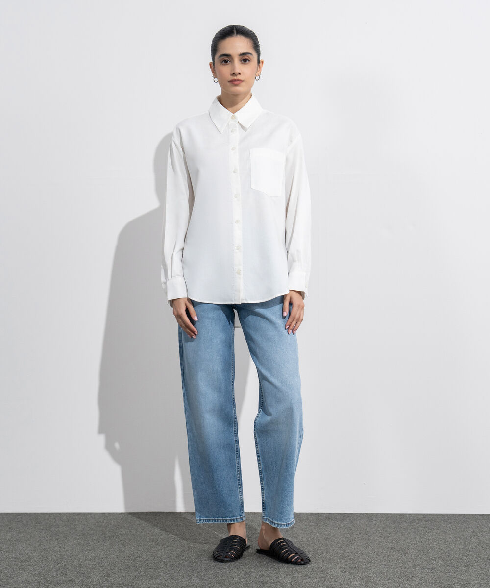 Women's Western Wear White Loose-Fit Oxford Shirt