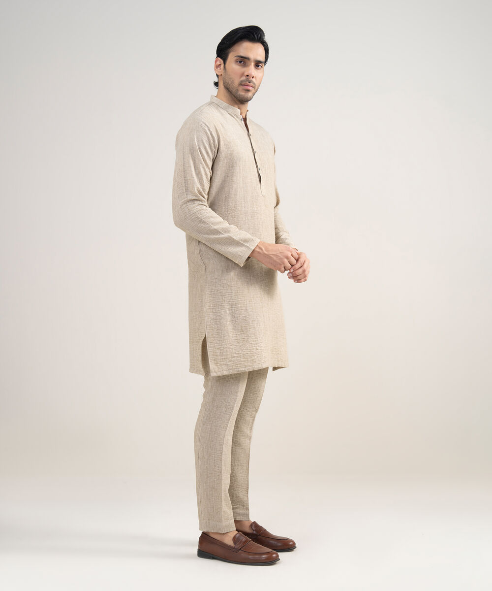 Men's Stitched Blended Linen Beige Suit