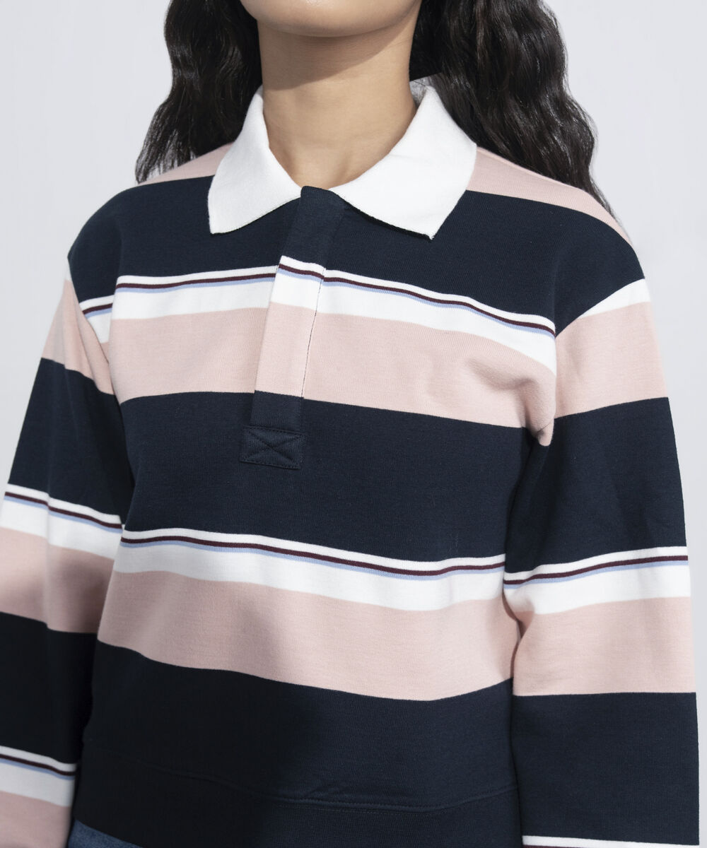 Women's Western Wear Multi Striped Polo Neck Sweatshirt