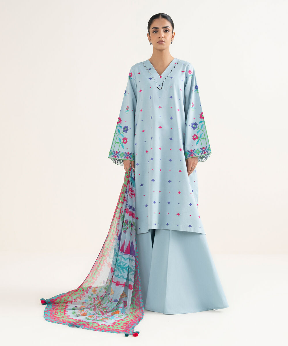 Women's Unstitched Cotton Viscose Embroidered Blue 3 Piece Suit