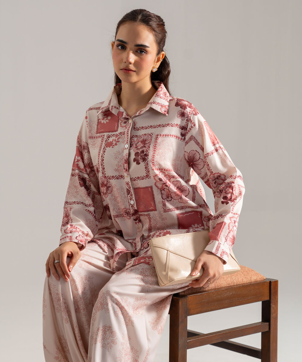 Women's RTW Printed Pink Viscose Linen 2 Piece Suit