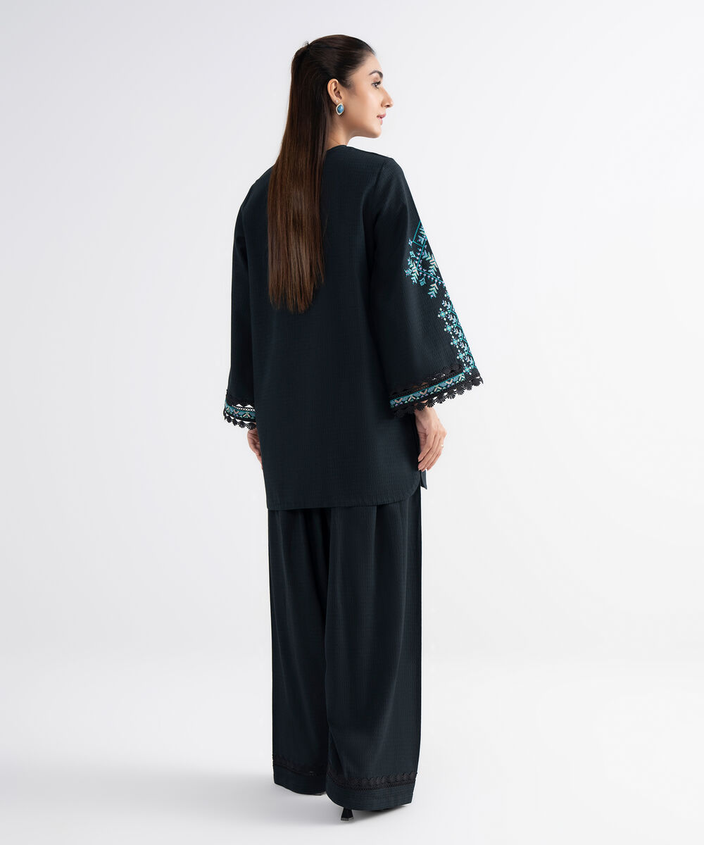 Women's Unstitched Dobby Embroidered Black 2 Piece Suit