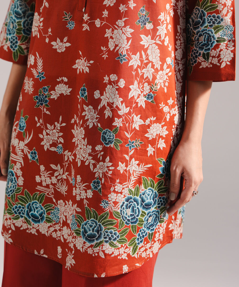 Women's RTW Lawn Printed Rust 2 Piece Suit