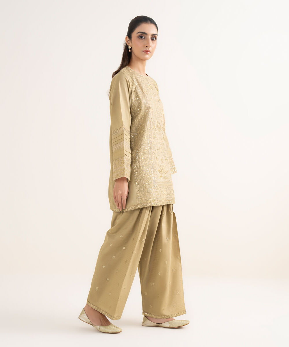 Women's RTW Dobby Embroidered Beige Straight Shirt