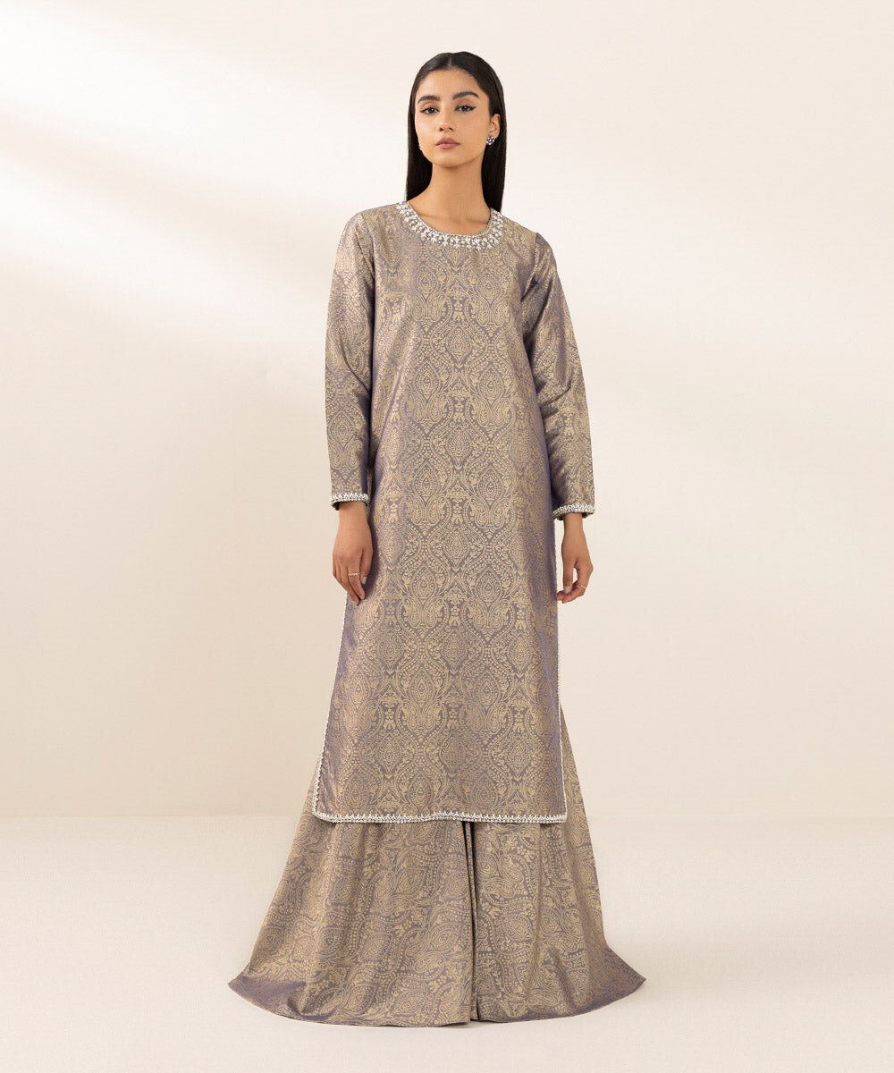 Women's Pret Blended Jacquard Dyed Gray Straight Shirt