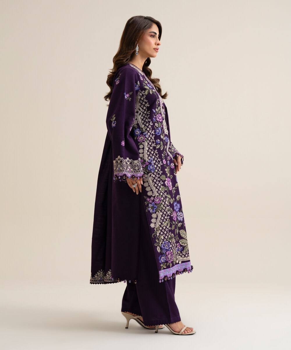 Women's Unstitched Basic Khaddar Embroidered Purple 3 Piece Suit
