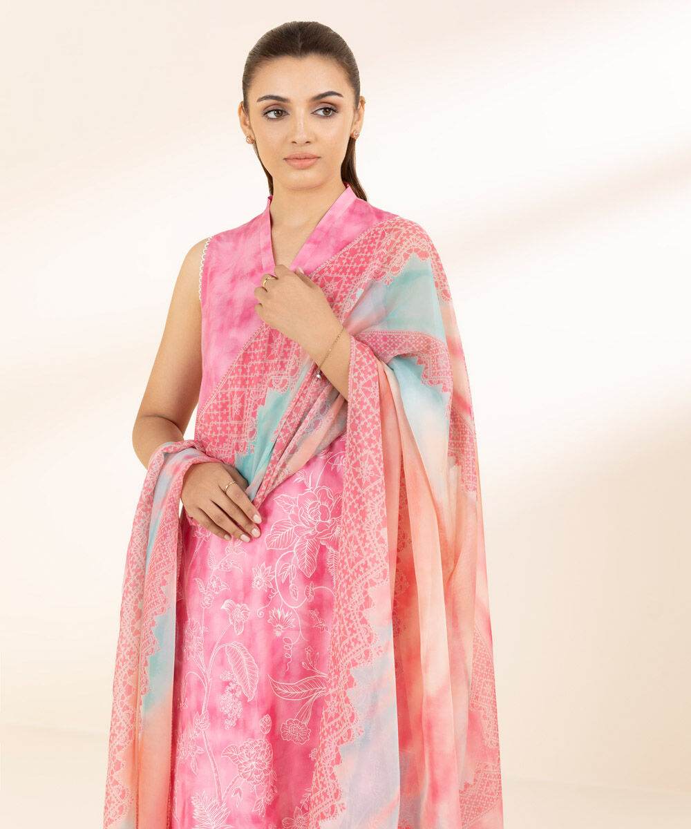 Unstitched Women's Printed Lawn Pink Two Piece Suit