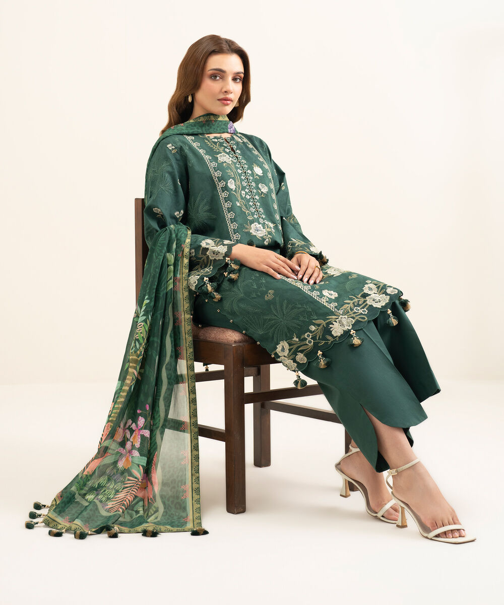 Women's Unstitched Cotton Jacquard Embroidered Green 3 Piece Suit