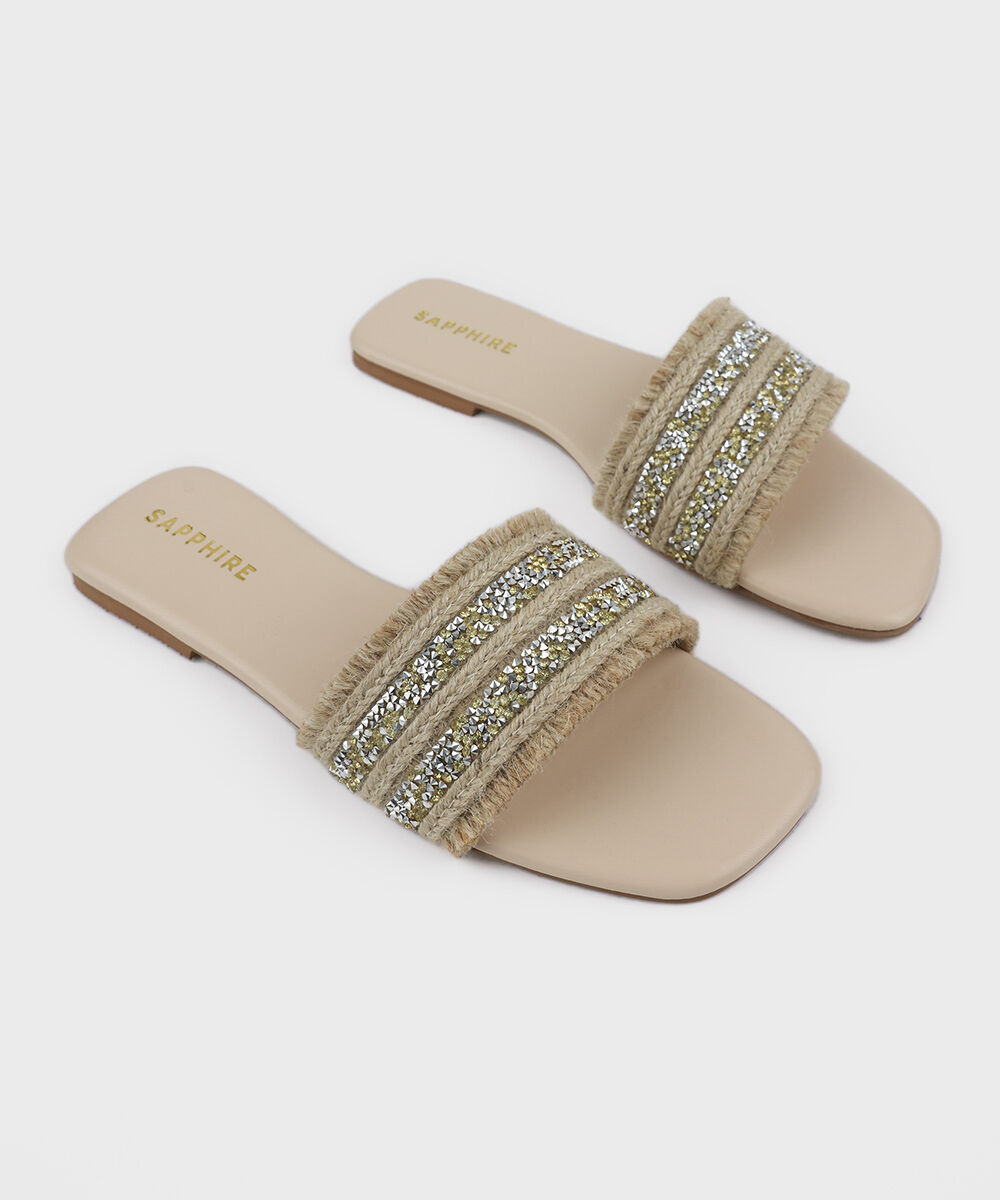 Woman - Beige Embellished Jute Flats