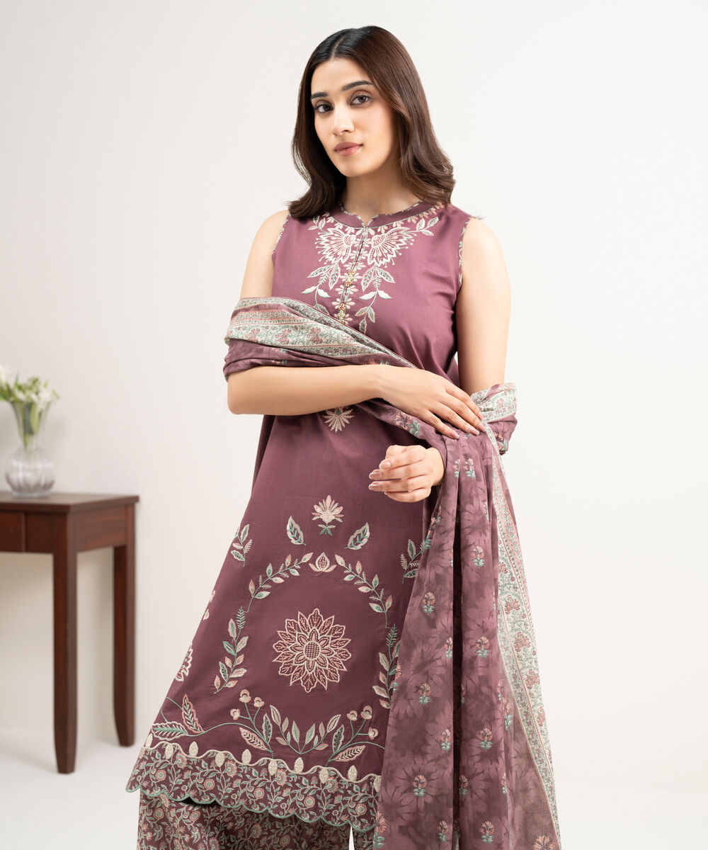 Women's Unstitched Textured Lawn Embroidered Pink 3 Piece Suit