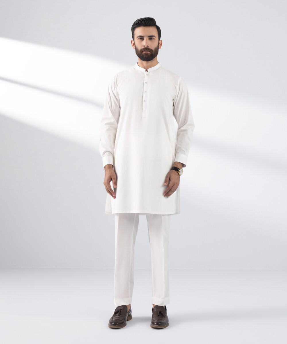 Men's Stitched 2 PC White Cotton Suit