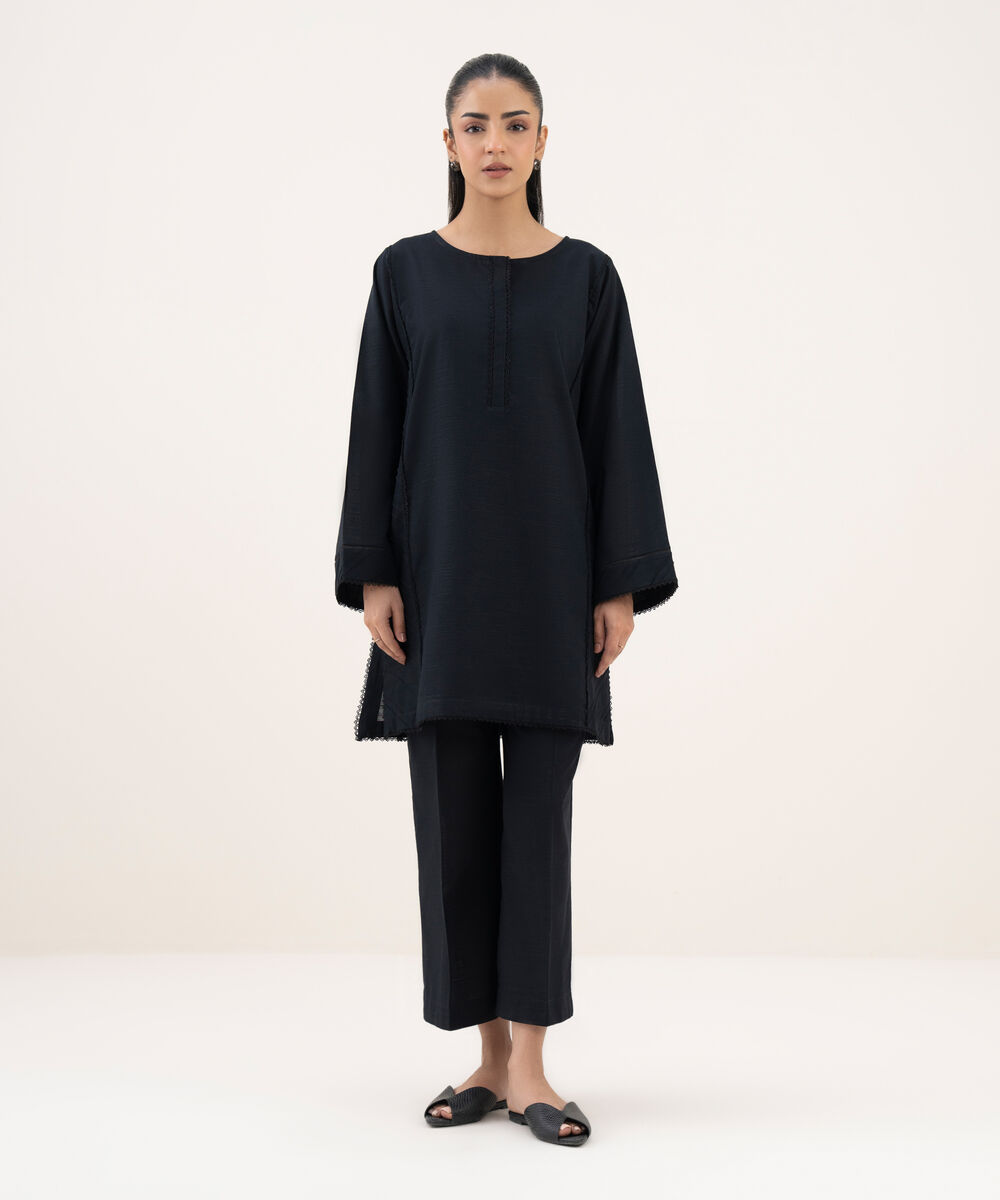 Women's RTW Khaddar Solid Straight Black Shirt