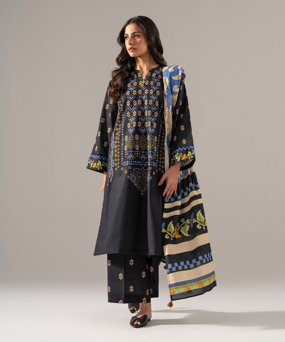 Women's RTW Khaddar Printed Black 3 Piece Suit