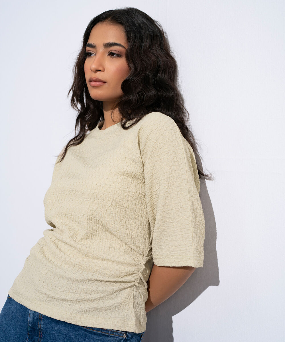 Women's Beige Cinched Waist Textured T-Shirt