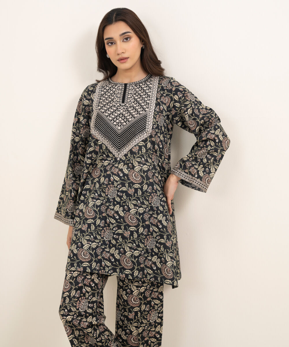 Women's RTW Dobby Embroidered Black 2 Piece Suit