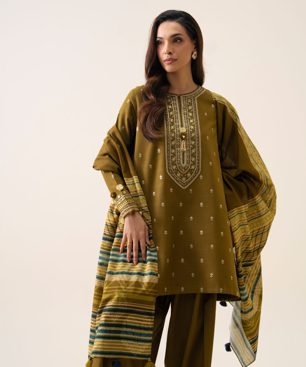 Women's Unstitched Light Khaddar Embroidered Mustard 3 Piece Suit
