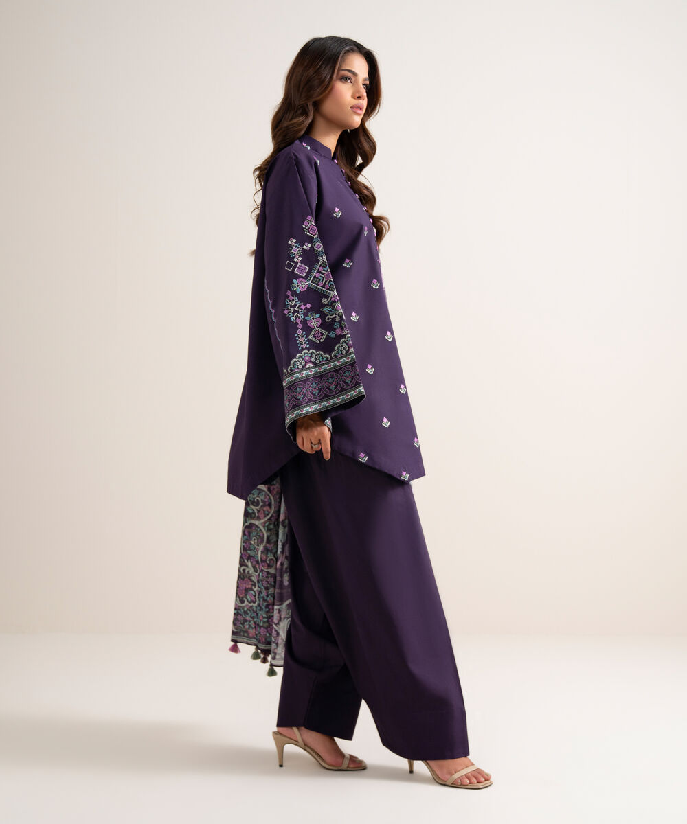Women's Unstitched Embroidered Cotton Purple 3 Piece Suit