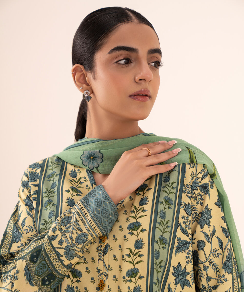 Women's Unstitched Lawn Printed Green Three Piece Suit
