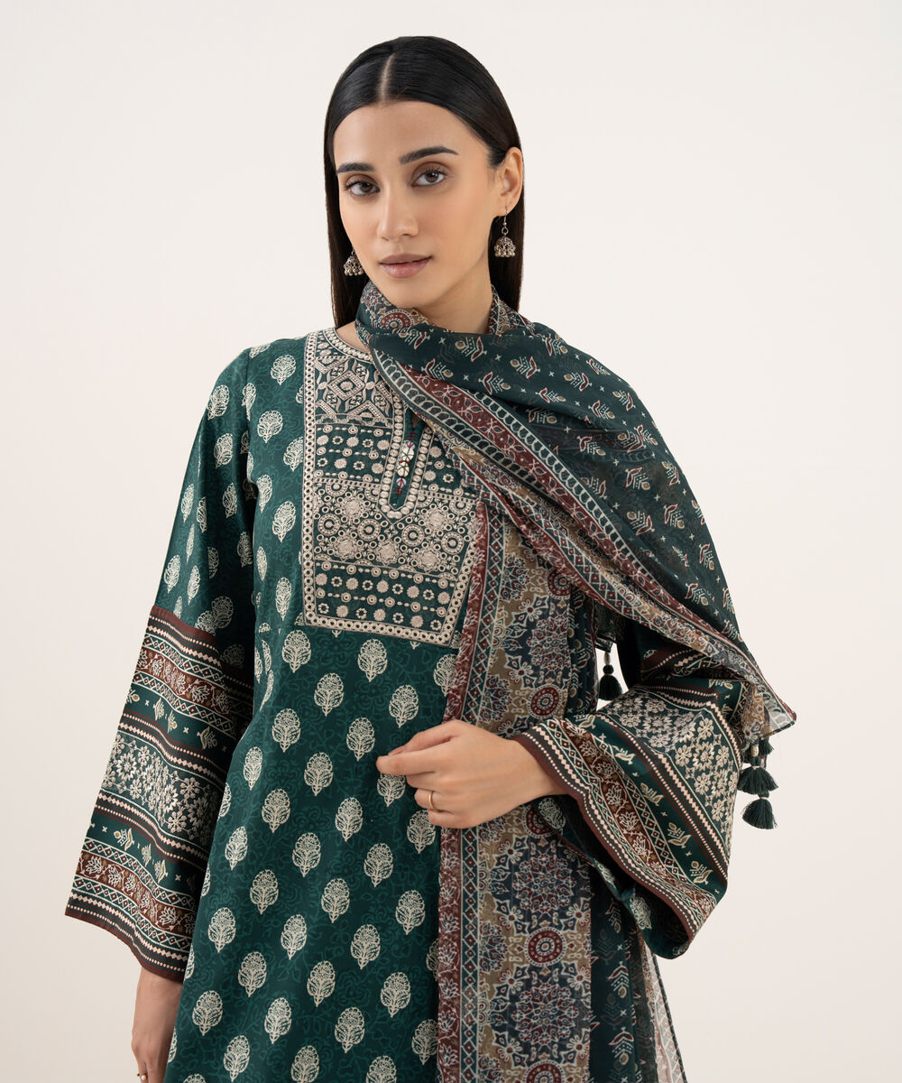 Women's Unstitched Light Linen Printed Green 3 Piece Suit