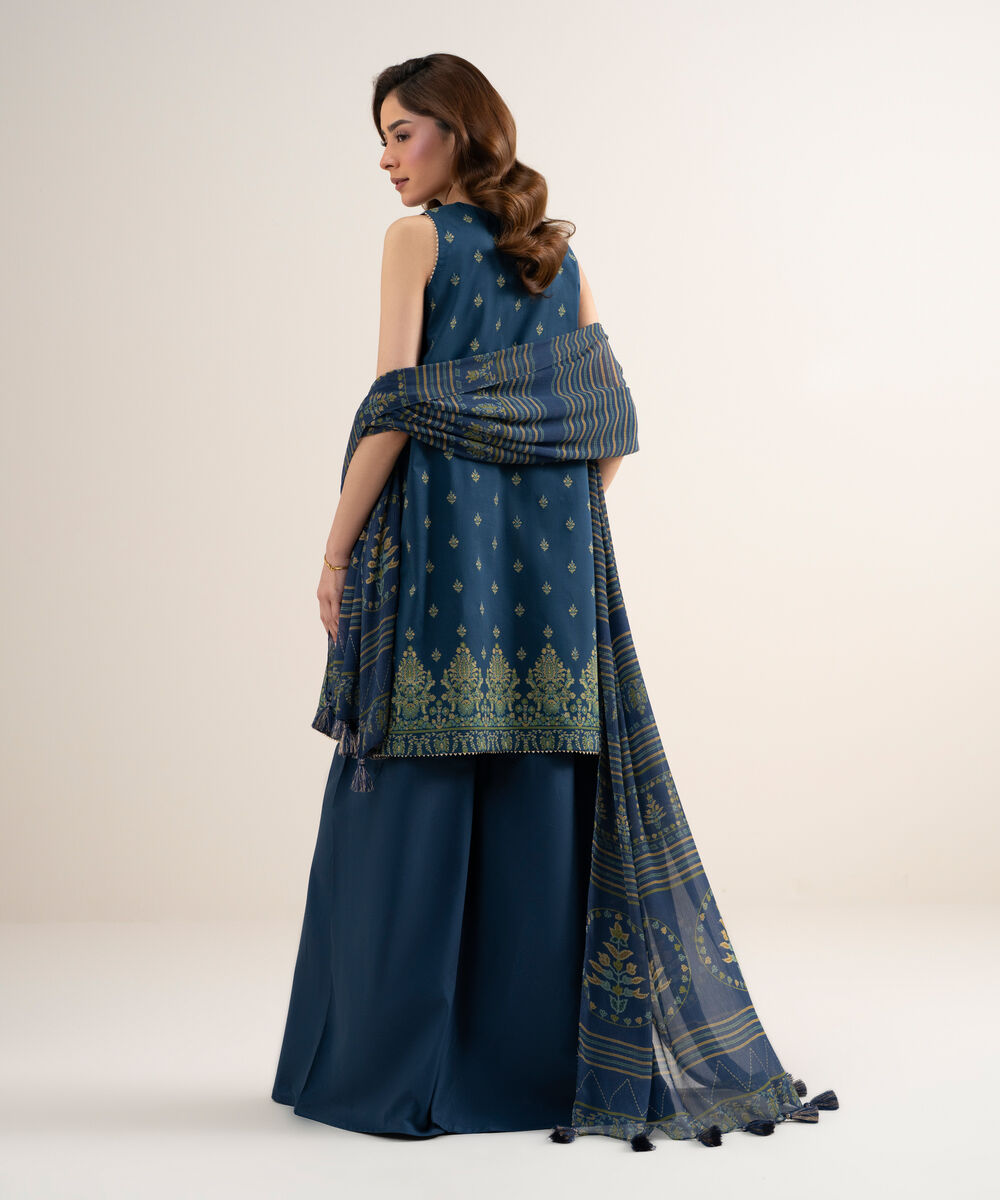 Women's Unstitched Lawn Embroidered Blue 3 Piece Suit