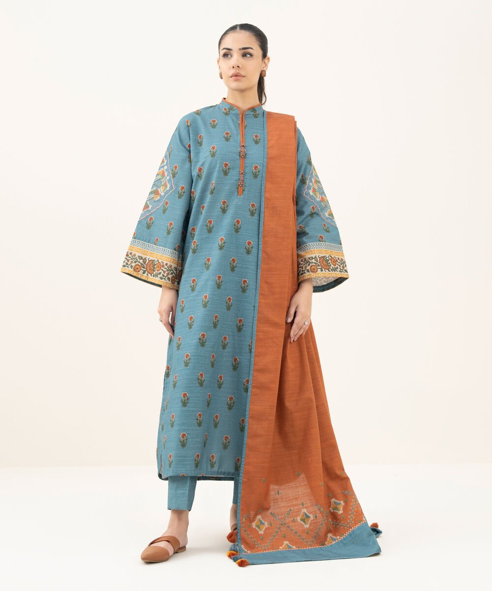 Women's Unstitched Printed Khaddar Blue 3 Piece Suit