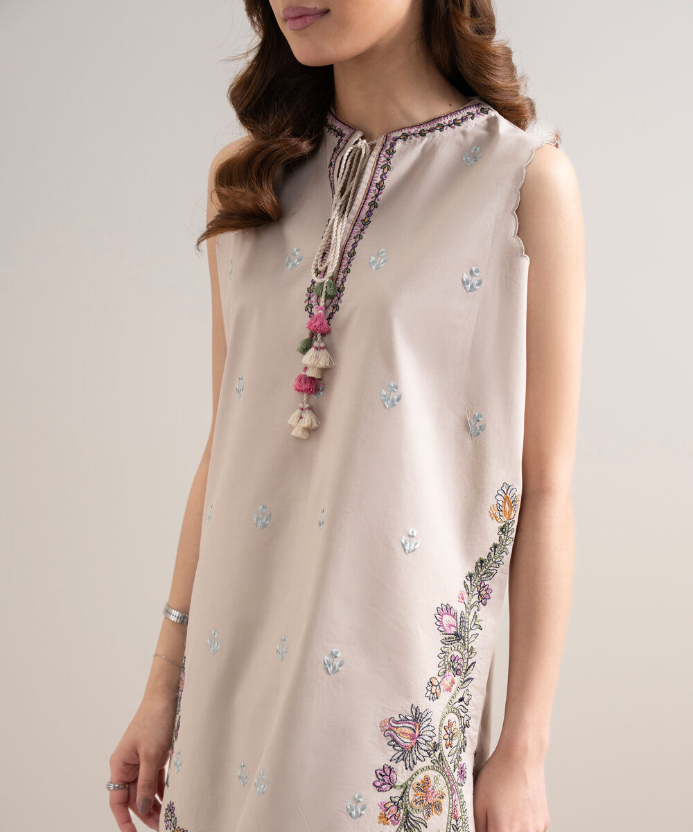 Women's Unstitched Textured Lawn Embroidered Beige   3 Piece Suit