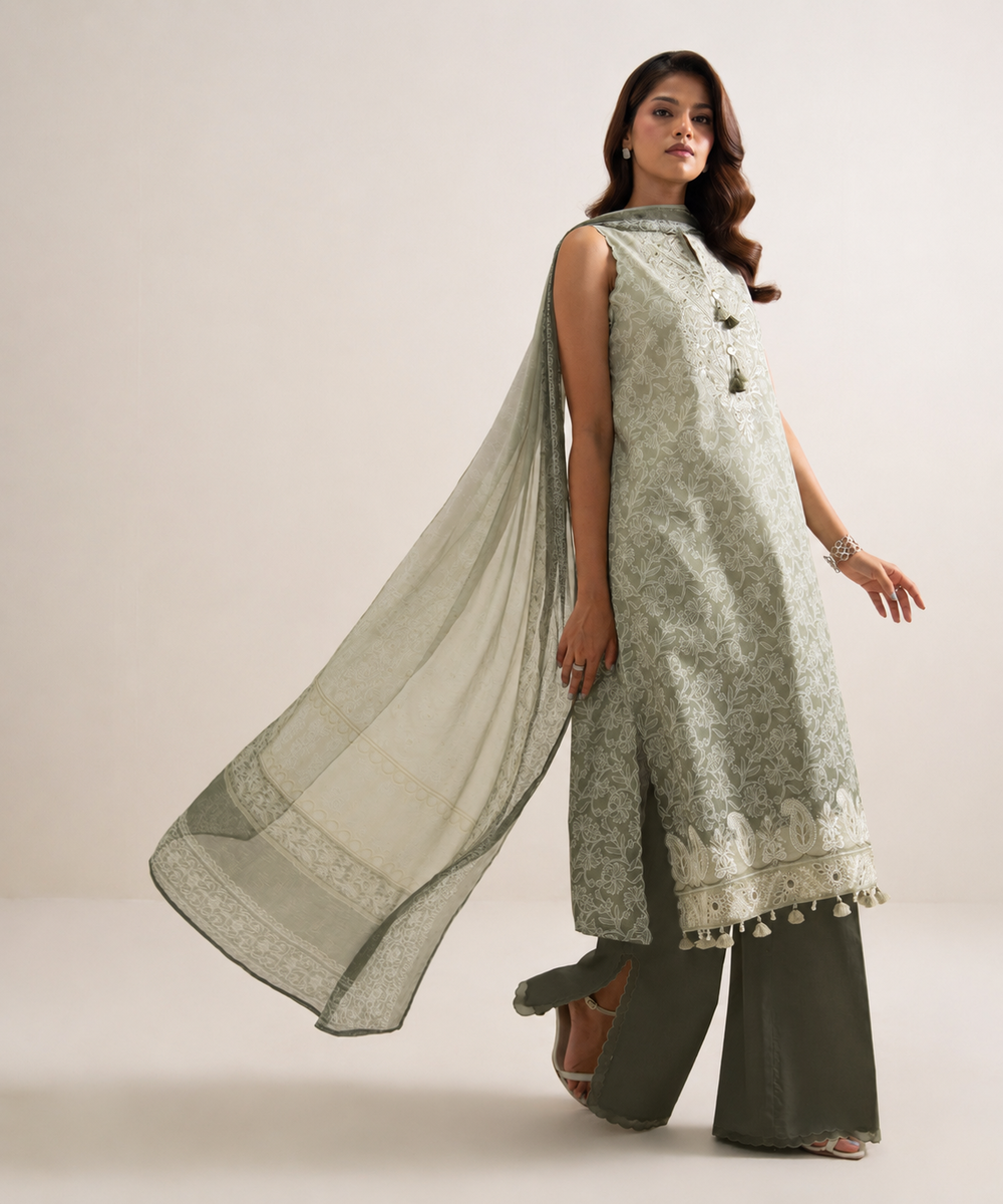 Women's Unstitched Lawn Embroidered Green 3 Piece Suit