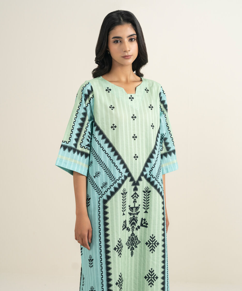 Women's RTW Textured Cotton Printed Green A-Line Shirt