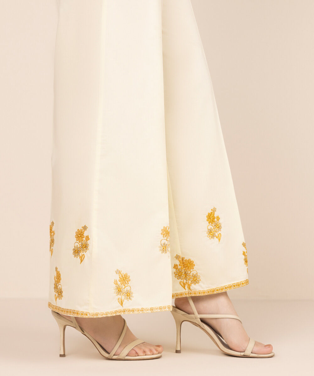 Women's RTW Cambric Yellow Embroidered Flared Pants