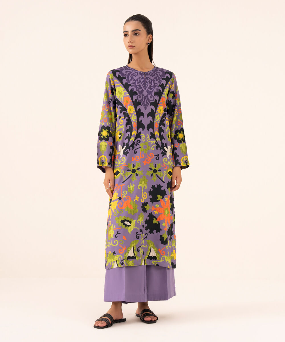 Women's RTW Arabic Lawn Lilac Printed Drop Shoulder Shirt