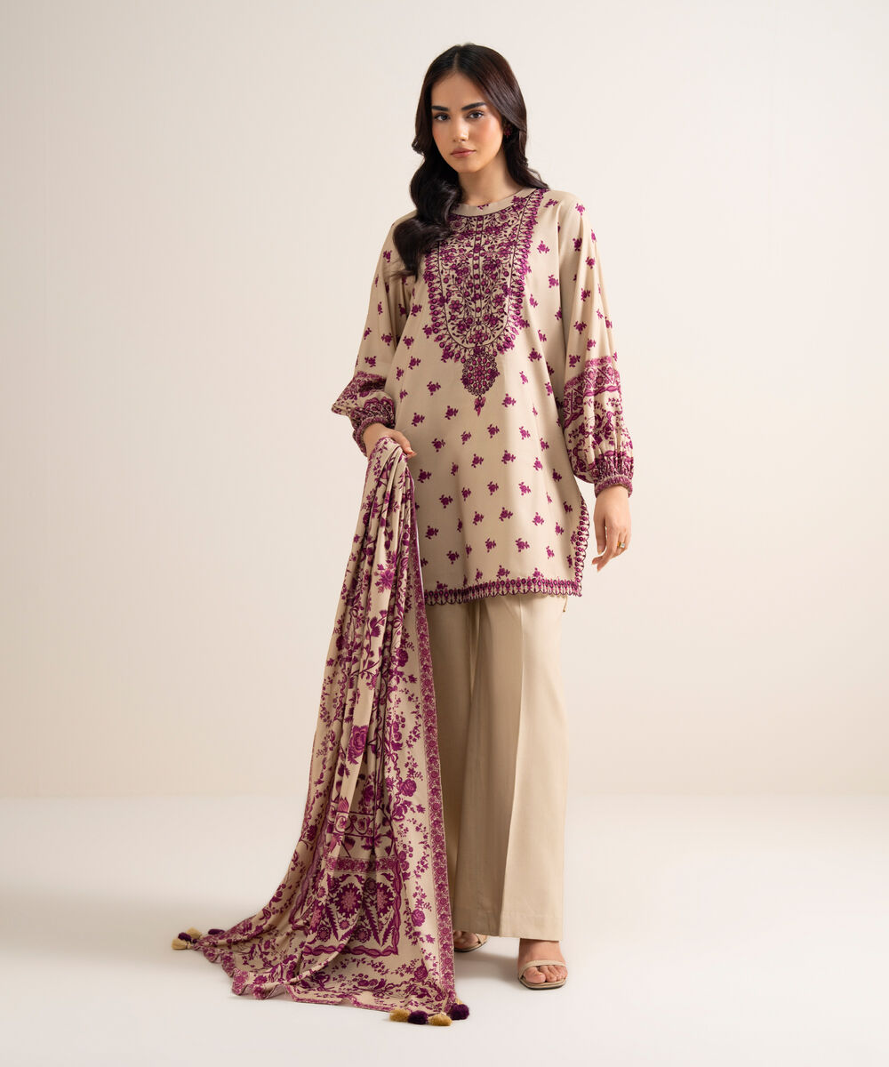Women's Unstitched Embroidered Linen Beige 3 Piece Suit