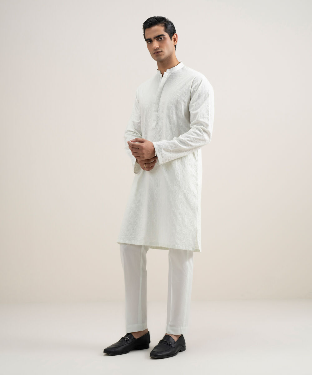 Men's Stitched Cotton White Suit