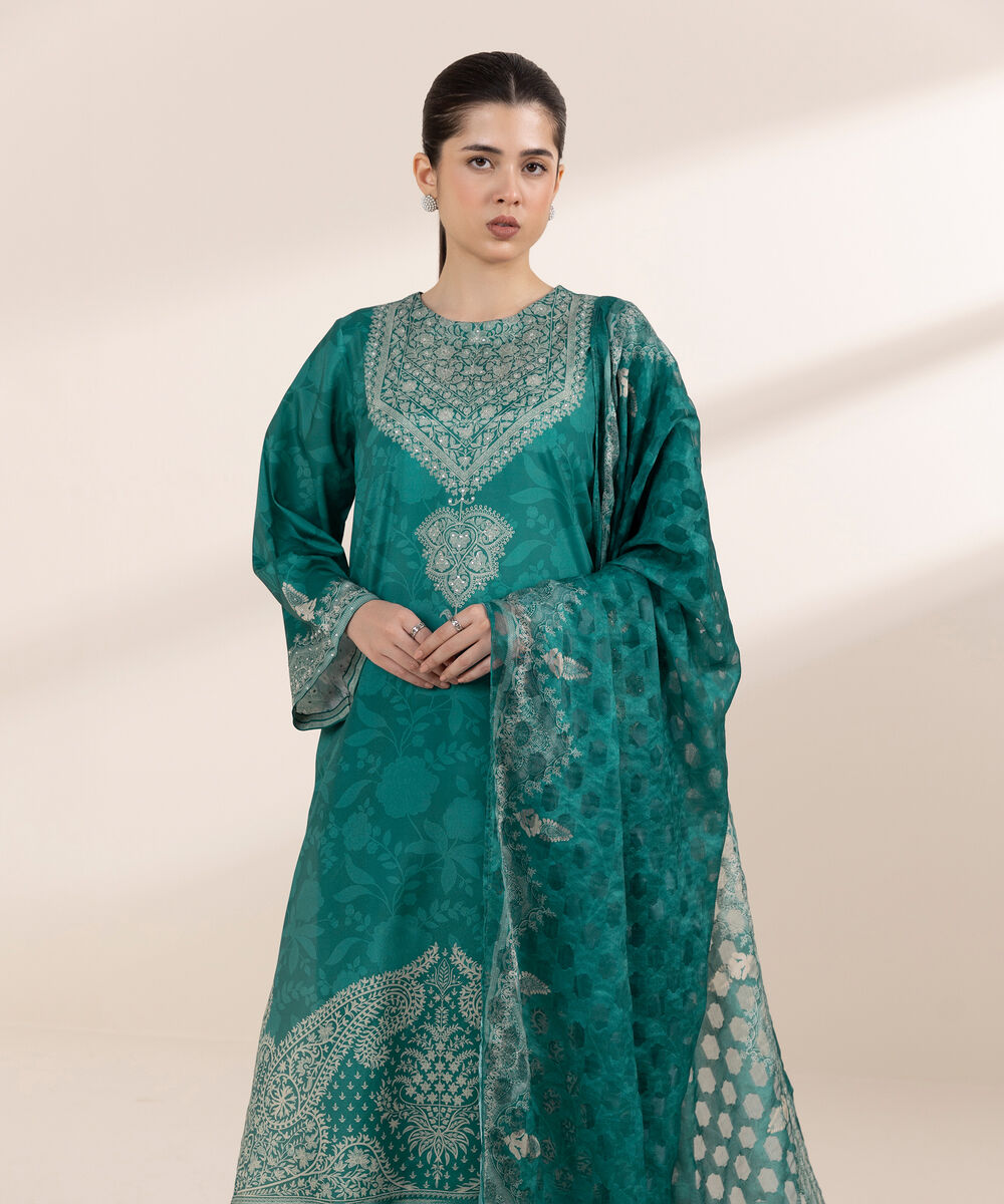 Women's RTW Blended Grip Green Printed Three Piece Suit