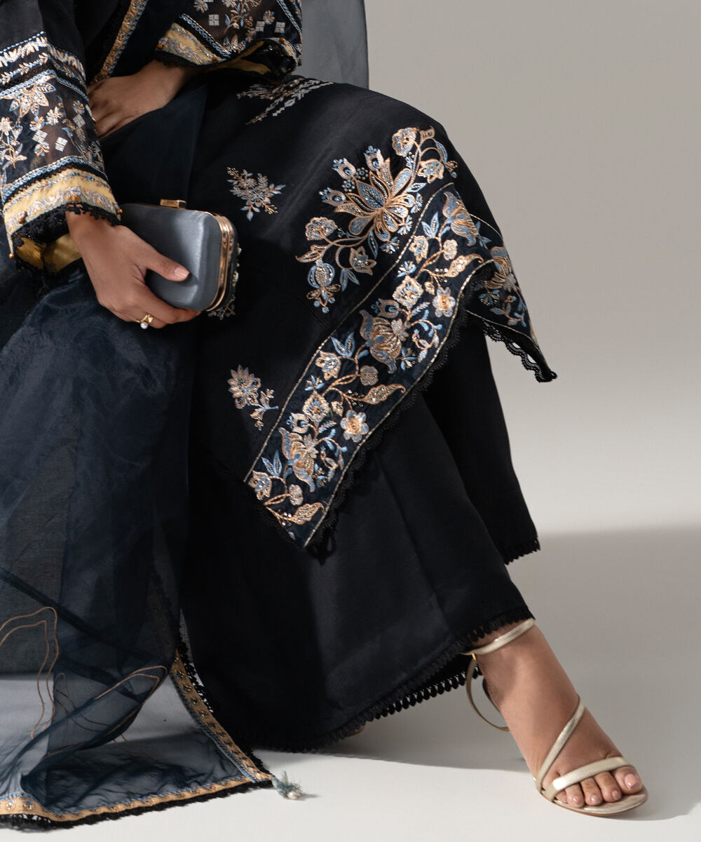 Women's RTW Raw Silk Solid Embroidered Black 3 Piece Suit