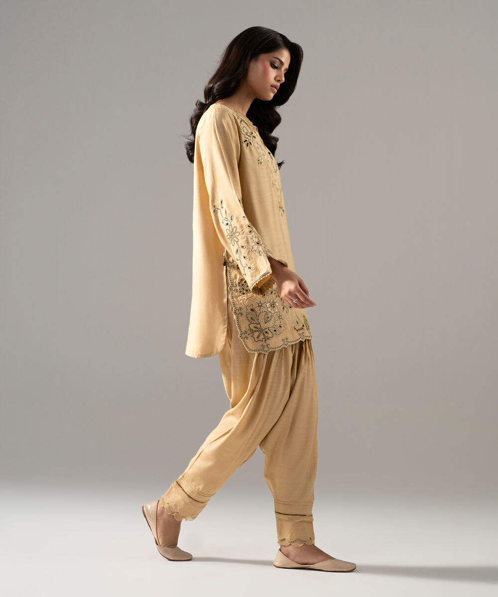 Women's RTW Raw Silk Solid Embroidered Beige 2 Piece Suit