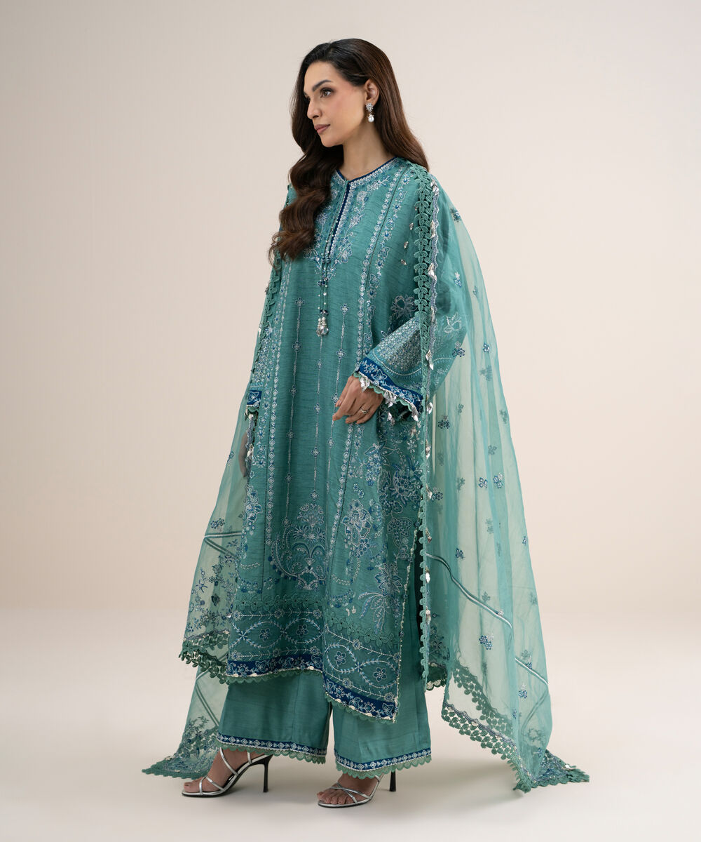 Women's Unstitched Embroidered Viscose Raw Silk Aqua 3 Piece Suit
