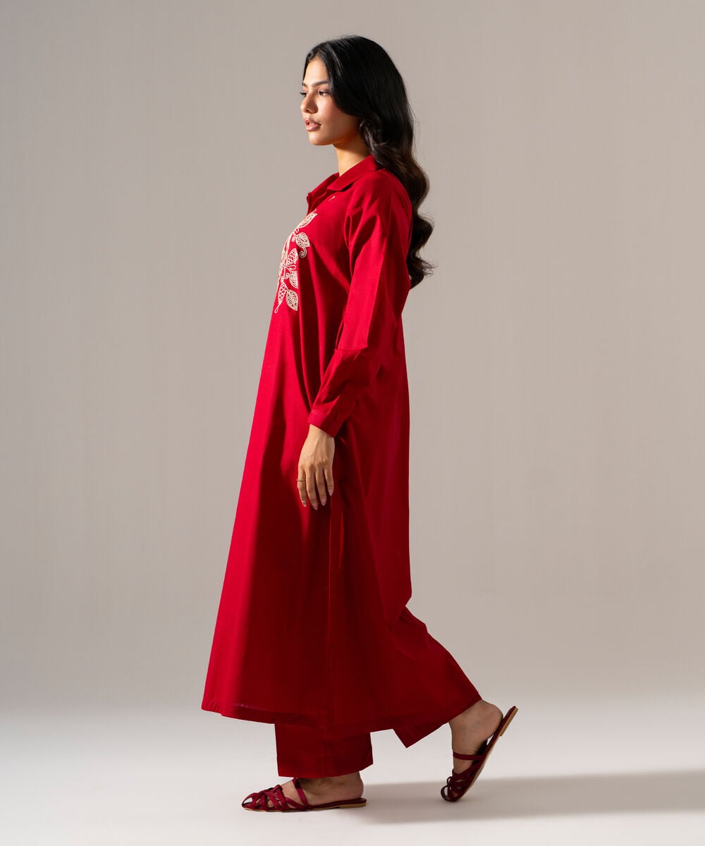 Women's RTW Cross Hatch Solid Embroidered Red Straight Shirt