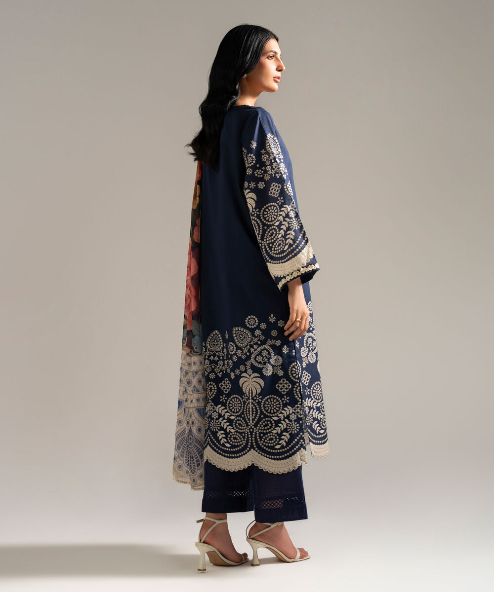 Women's RTW Slub Lawn Printed Blue 3 Piece Suit