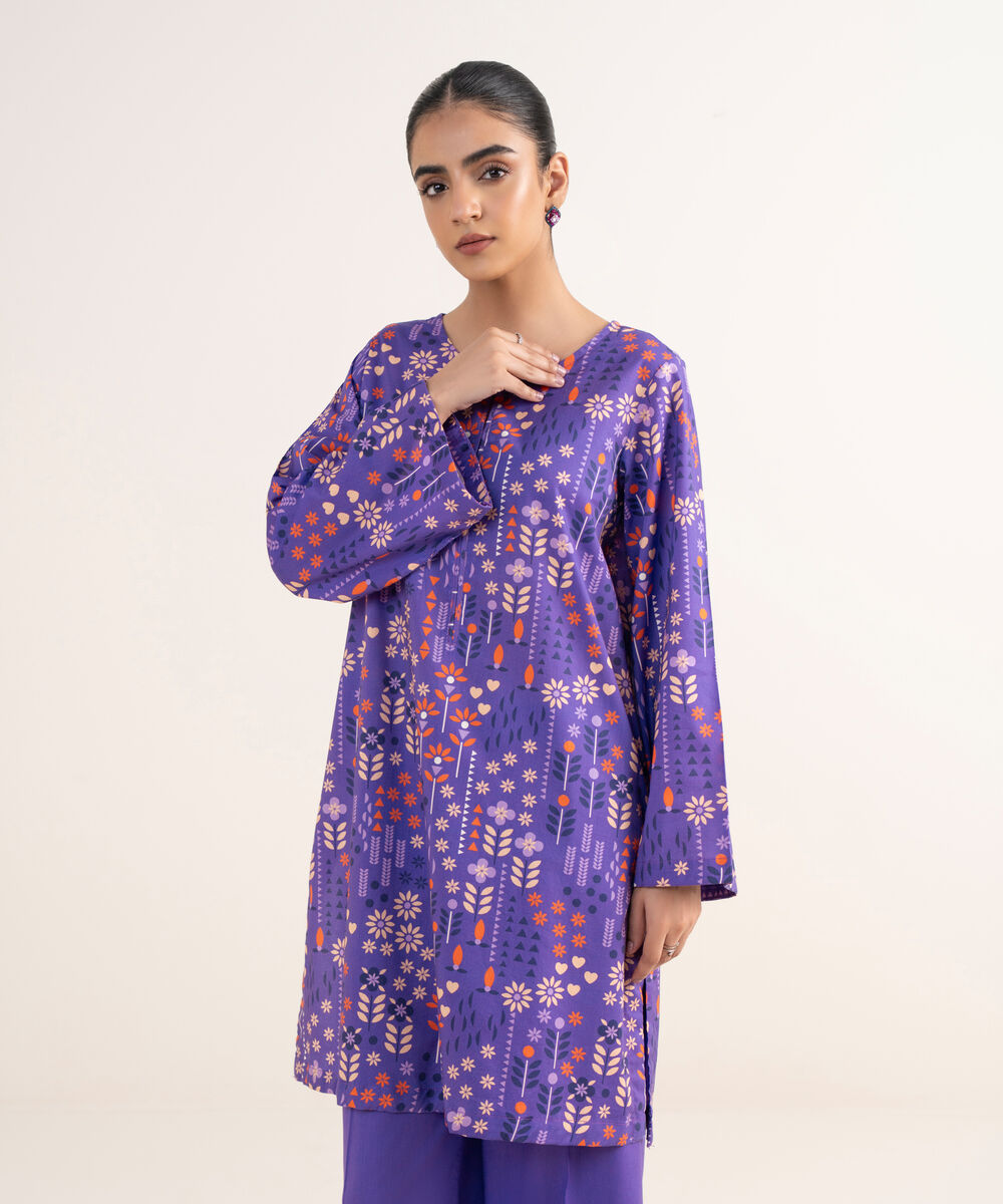 Women's RTW Lawn Viscose Purple Printed A-Line Shirt