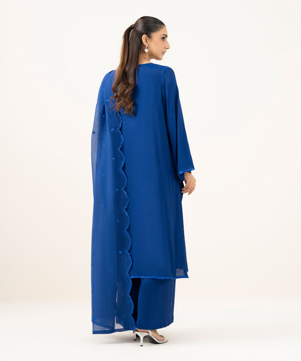 Women's RTW Viscose Raw Silk Blue Dyed Three Piece
