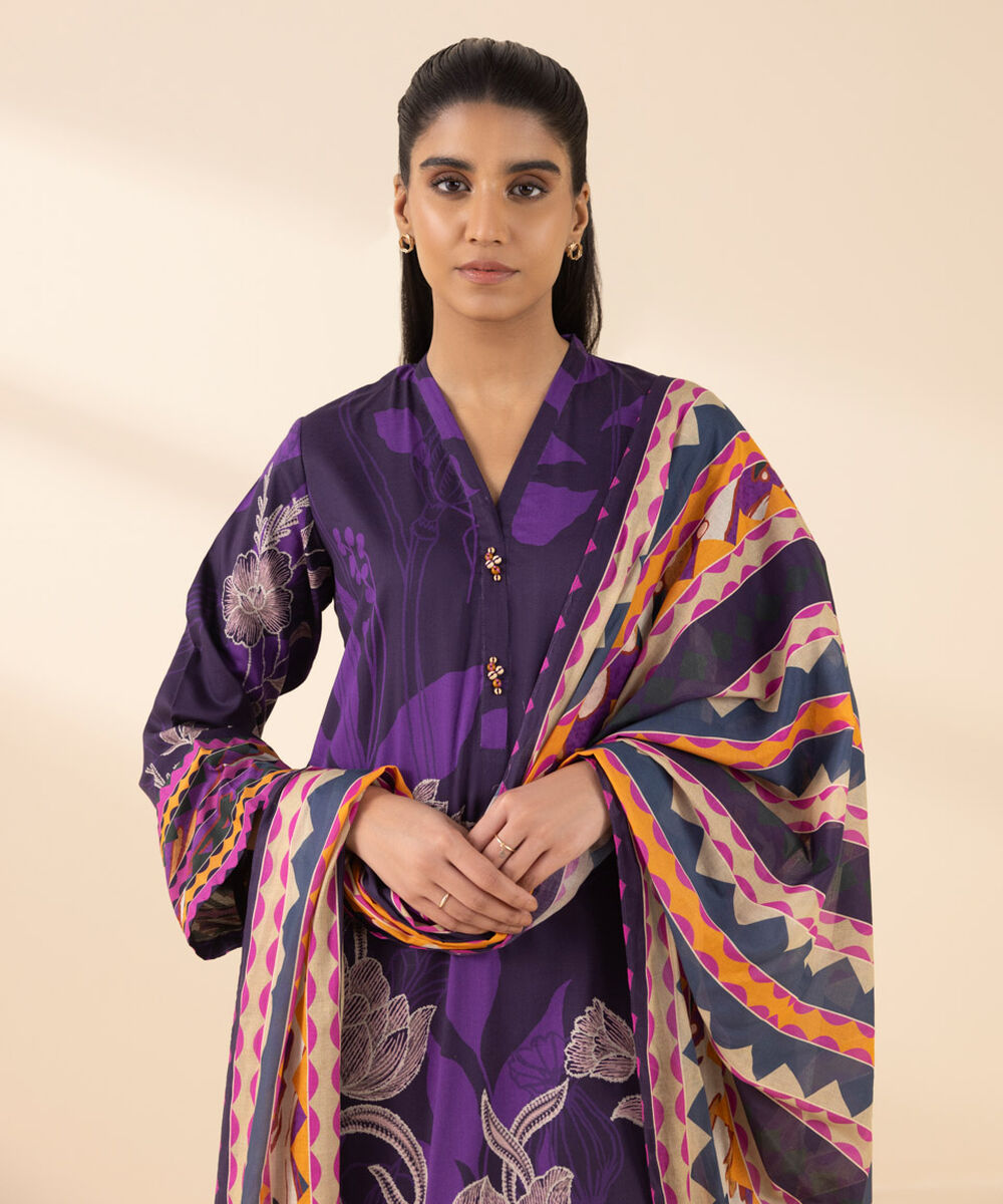Unstitched Women's Purple Lawn Printed 3 Piece Suit